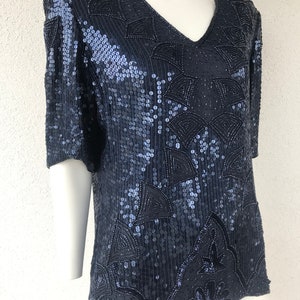 Vintage 80s Frank Usher Silk Beaded Blouse Beaded Sequin Navy Blue Short Sleeve Beaded Special Occasion TOP Evening Sequin Top Blouse Sz S/M