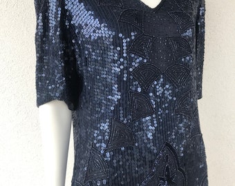 Vintage 80er Jahre Frank Usher Seide Perlen Bluse Perlen Pailletten Marine Blau Perlen Kurzarm Besondere Anlass TOP Abend Pailletten Top Bluse Gr. S/M