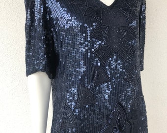 Vintage 80s Frank Usher Silk Beaded Blouse Beaded Sequin Navy Blue Short Sleeve Beaded Special Occasion TOP Evening Sequin Top Blouse Sz S/M