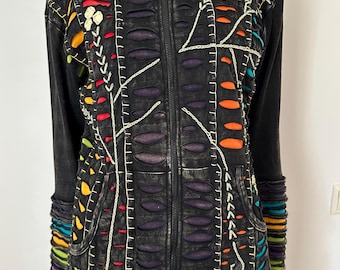 Sudadera negra vintage para mujer, larga, holgada, de algodón texturizado expandido con detalles coloridos, sudadera con capucha de algodón natural, hecha en Nepal, talla grande.