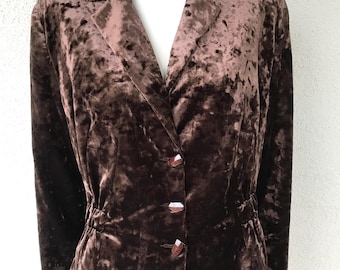 Blazer de veludo curto vintage Y2K para mulheres, blazer de veludo marrom caramelo brilhante, elegante, ajustado, tamanho GG