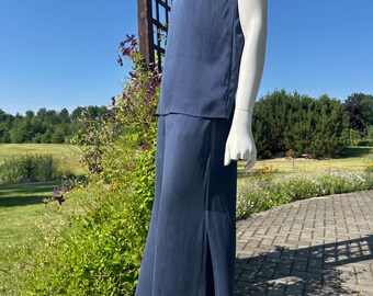 Vintage Quince Blue Silk Two-Piece Set Sleeveless Blouse and Palazzo Pants Wide Leg Trousers Wit Side Slits and Blouse Summer Set Size Small