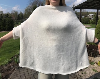 Vintage Handgestrickte Weiße Bluse Fledermaus Kurzarm Minimalist Pullover Oversized Baumwolle Sommer Pullover Weiß Gestrickt Handmade Top Tunika