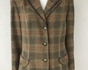 Chaqueta vintage de lana Gerry Weber de los años 90 para mujer, blazer de manga larga con bolsillos y botones a cuadros, blazer caqui de lana musgo, chaqueta a cuadros para mujer, talla L