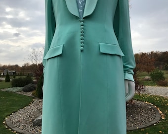 Light Green Blue 80s Vtg Midi Coat With Big Collar Long Sleeves Tom Bowker Vintage Evening Button Down Blazer Jacket Maxi Stylish Cardigan M