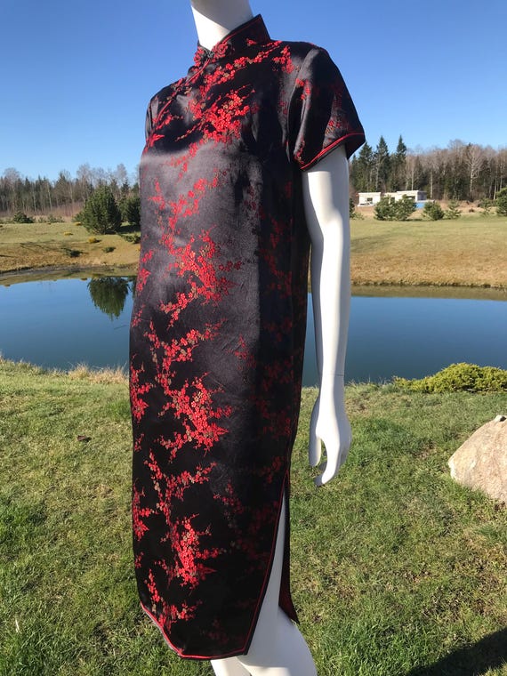 Vintage 90s Black Red Satin Chinese Top Dress Mandarin Collar