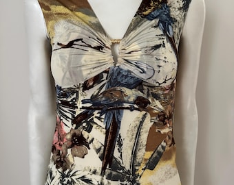 Bluzka vintage Roberto Cavalli z wiskozy z kwiatowym nadrukiem i motywem ptaków, włoski projektant, luksusowa, dopasowana bluzka Y2K, rozmiar S