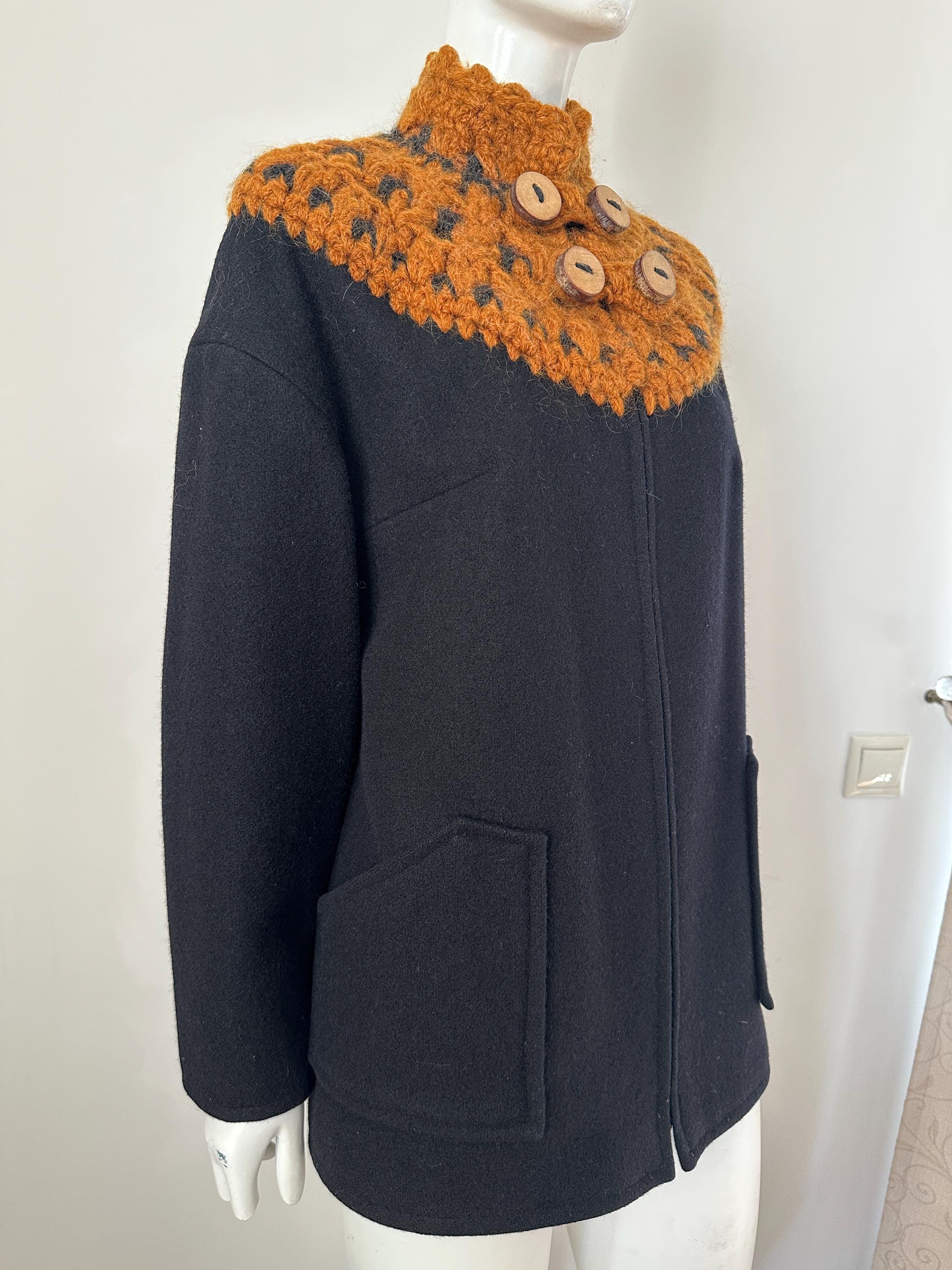 ジャケット・アウター wool jacket / short coat 90s Vintage 90s Black Wool Short Coat Jacket for Women With Knitted