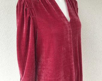 Vintage 90s Marie Philippe Long Sleeve V Neck Top Velvet Blouse Pink Velvet Top Women Top Puff Sleeve Capsule Wardrobe Cocktail Elegant Sz M