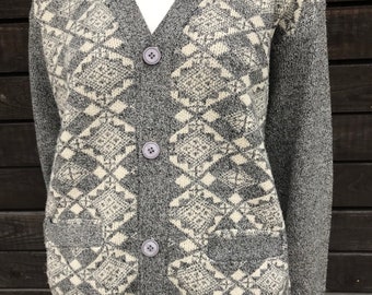 Vintage 90s CUDI Lana Wool Cardigan Geometric Wool Cardigan Gray Mens Cardigan Gray Knit Jacket Oldschool Lana Wool Sweater Button Up Sz M