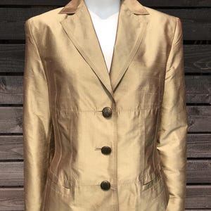 Vintage 70s Golden Silk Blazer Jacket Cropped Women Office Wear Silk Blazer Smart Shiny Beige Light Jacket Notch Collar Formal Padded M/L