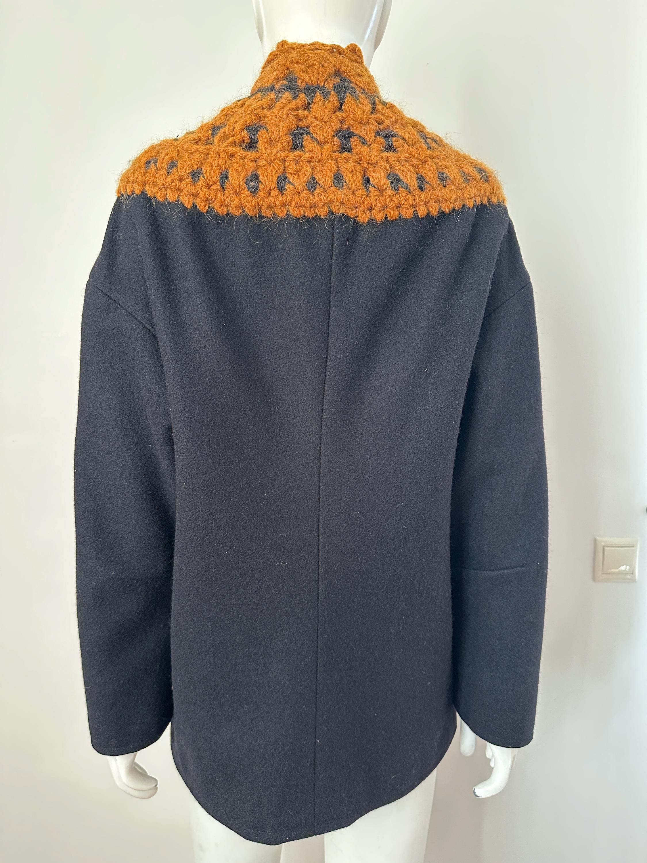 Vintage 90s Black Wool Short Coat Jacket for Women With Knitted