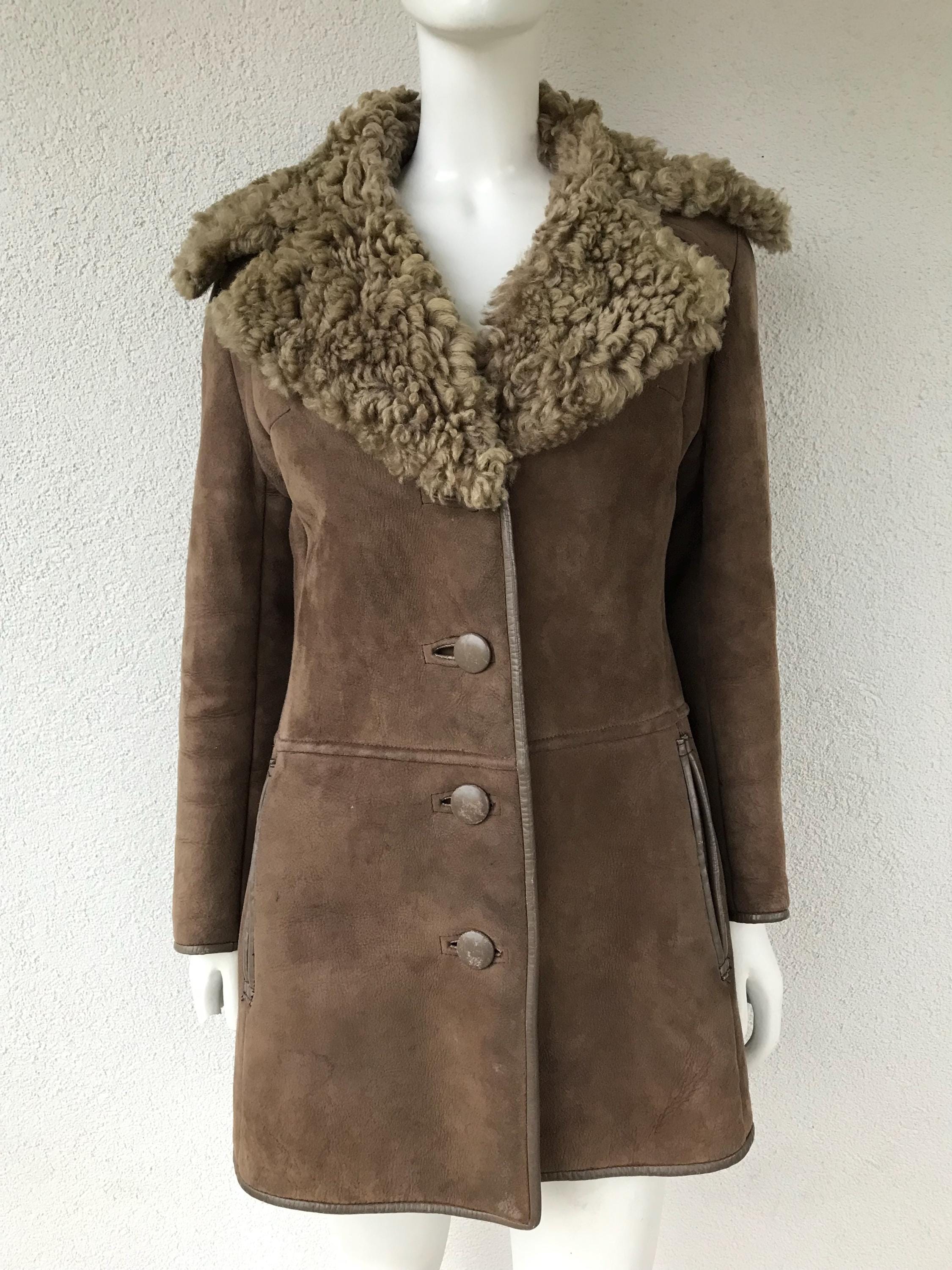 Vintage 1980s Morlands Lambskin Sheerling Leather Jacket Button Up Brown Winter Suede Coat Short Suede Coat Outerwear Natural Fur Coat Small