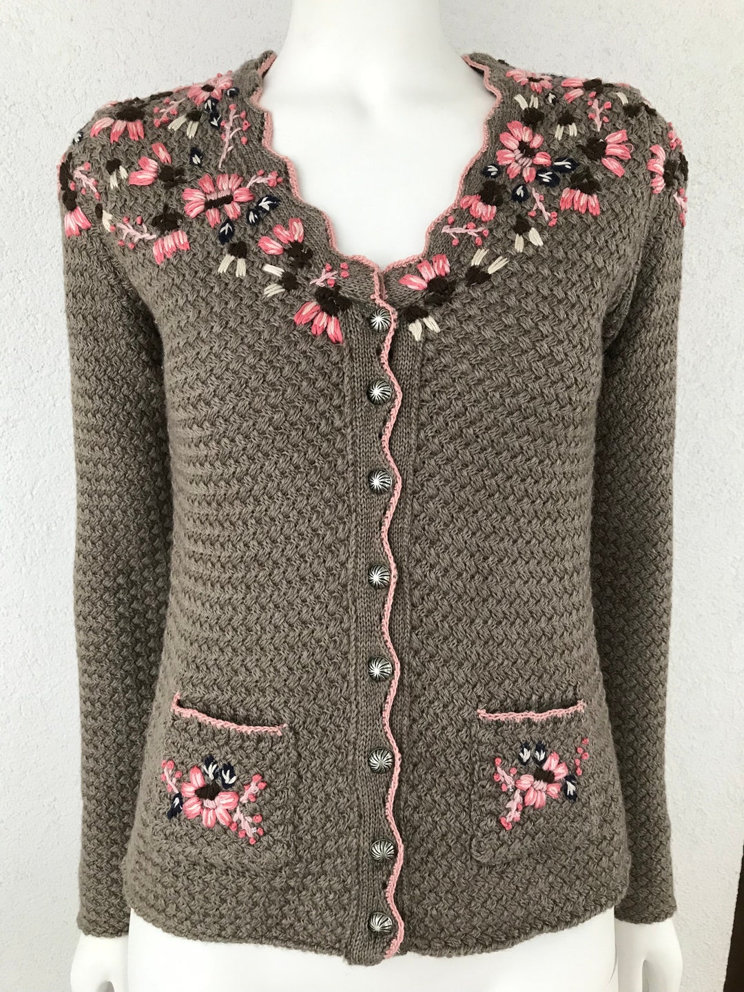 Prettiest 1980s Wolkenstricker Charcoal Colour Hand Knit Cardigan Sweater w Floral Details