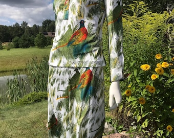 Vintage 70s Swedish Vintage TGL Stockholm Two Piece Blouse & Skirt Set Bird Pattern Skirt Suit Skirt and Blouse Midi A Line Skirt Size Small