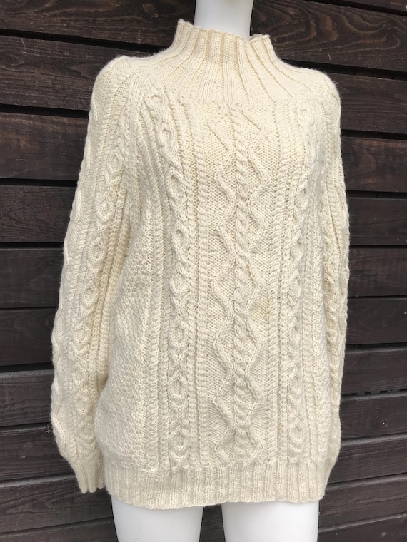 Vintage gevlochten wollen crème trui handgemaakte wollen trui