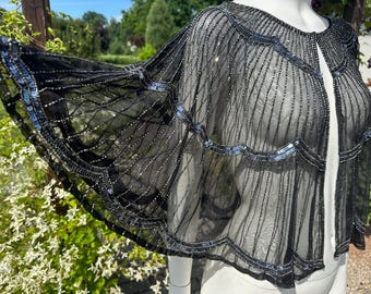 Vintage glamoureuze cape-sjaal met zwarte kanten pailletten bolero bolero kralen jaren 80: zwarte en zilveren avondjurk met pailletten, grote maat