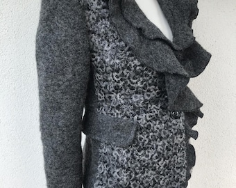 Vintage Gray Felted Wool Blend Front Frilled Top Blazer Cardigan Embroidered with Beads Long Sleeve Unlined Jacket Wool Felt Button Jacket M