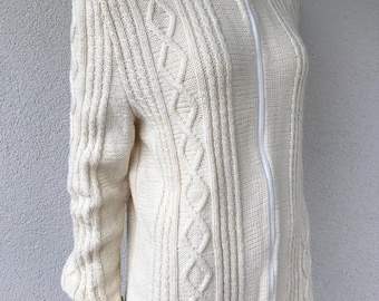 Suéter Aran feminino vintage dos anos 80, tricotado à mão, creme, com zíper, em lã trançada, tamanho grande