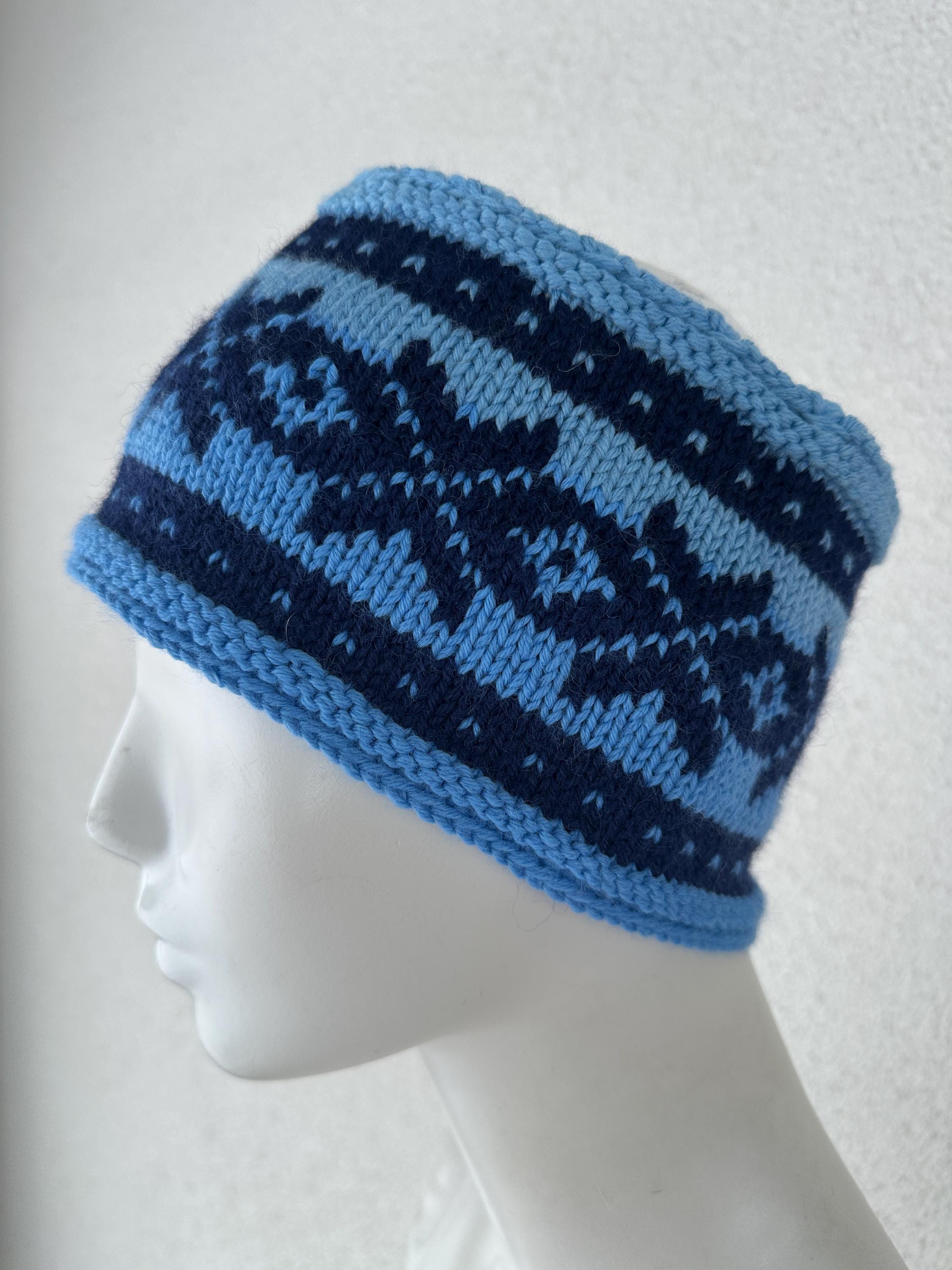 Vintage Hand Knit Norway Fair Isle Wool Headband Light Dark 