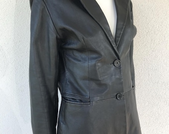 Vintage Women's Slim Black Leather Jacket Real Leather Blazer Classic Jacket Lapel Collar Jacket Fit Leather Classic Two-Button Coat Medium