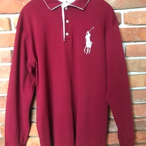 Men&#39;s Vintage 90&#39;s Polo RALPH LAUREN Burgundy Long Sleeve Polo Pullover Shirt Cotton Embroidery Tshirt Classic Polo Shirts for Men Size XXL