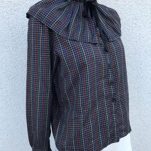 Vintage 80s Checkered Retro Silver Shiny Blouse Dark Colors Glitter Blouse Plaid Multicolor Top Prairie Blouse Oversized Ruffle Collar Small