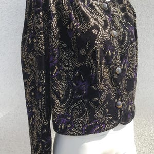 Vintage 1980s Sperla bluser Black Floral with Gold Purple Details Blazer Jacket Paris Couture Jacket Puff Sleeved Cropped Blazer Size XL/XXL