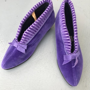 Vintage 1970s Women&#39;s Slippers Velvet Purple with Cord Piping House Shoes House Warm Lightweight Non-Slip Elegant House Slippers EU 38,5
