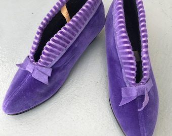 Vintage 1970s Women's Slippers Velvet Purple with Cord Piping House Shoes House Warm Lightweight Non-Slip Elegant House Slippers EU 38,5