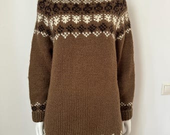 Vintage Hand Knit Brown Geometrick Pattern Wool Sweater Chunky Wool Pullover Handmade Turtleneck Hand Knitted Women's Pullover Size Large