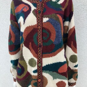 Vintage Abstract Patterned Hand Knitted Sweater Colorful Cardigan Handmade Button Up Long Sleeve Geometric Multi Color Knit Top Size Large