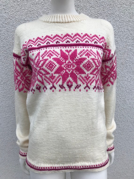 Vintage Wool Sweater Pullover Jumper in Cream & P… - image 2