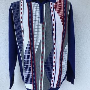 Jaren 90 trui met geometrische print vintage heren zip-up sweater sportkleding geïnspireerd gestreepte gebreide kleding Oldschool wolmix patroon trui maat Sz L
