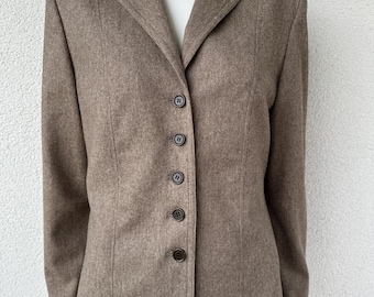 Vintage jaren 80 klassieke beige wolmix blazer voor vrouwen bijgesneden getailleerde wollen blazer getailleerde blazer aardetinten elegantie maat large