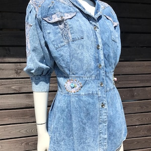 Vintage Women&#39;s Denim Embroidered Blouse Jacket with Puff Half Sleeves Embroidered Denim Overshirt Fitted Blue Denim Blazer Size Medium