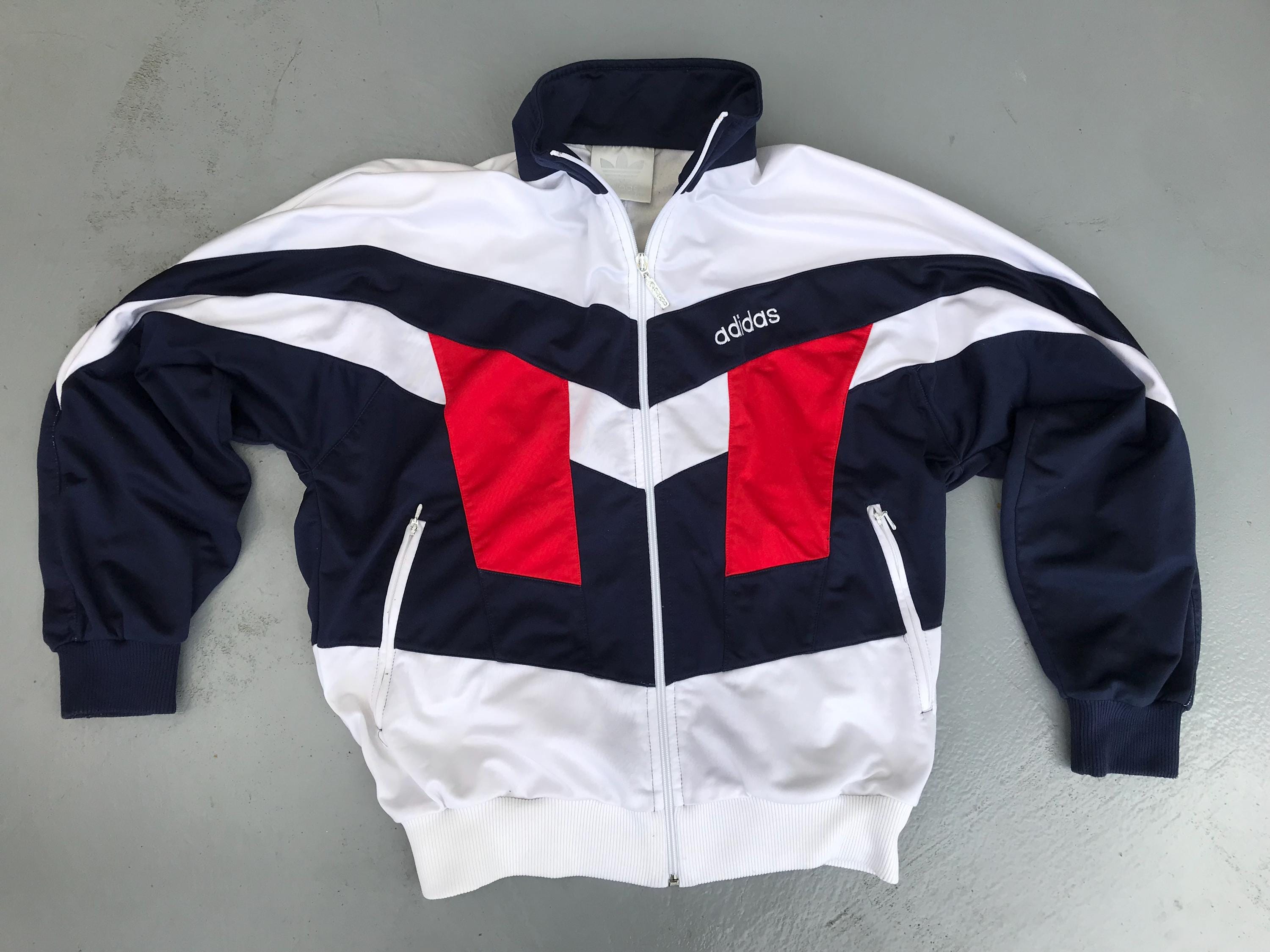 Vintage 80s Adidas Track Top Zip Jacket White Navy Blue Red Adidas