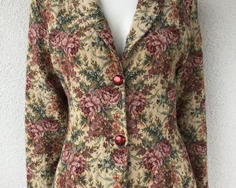 Vintage 90s Women’s Gobelin Tapestry Fabric Jacket Blazer Beige Burgundy Paisley Floral Print Jacket Romantic Carpet Blazer Size Small