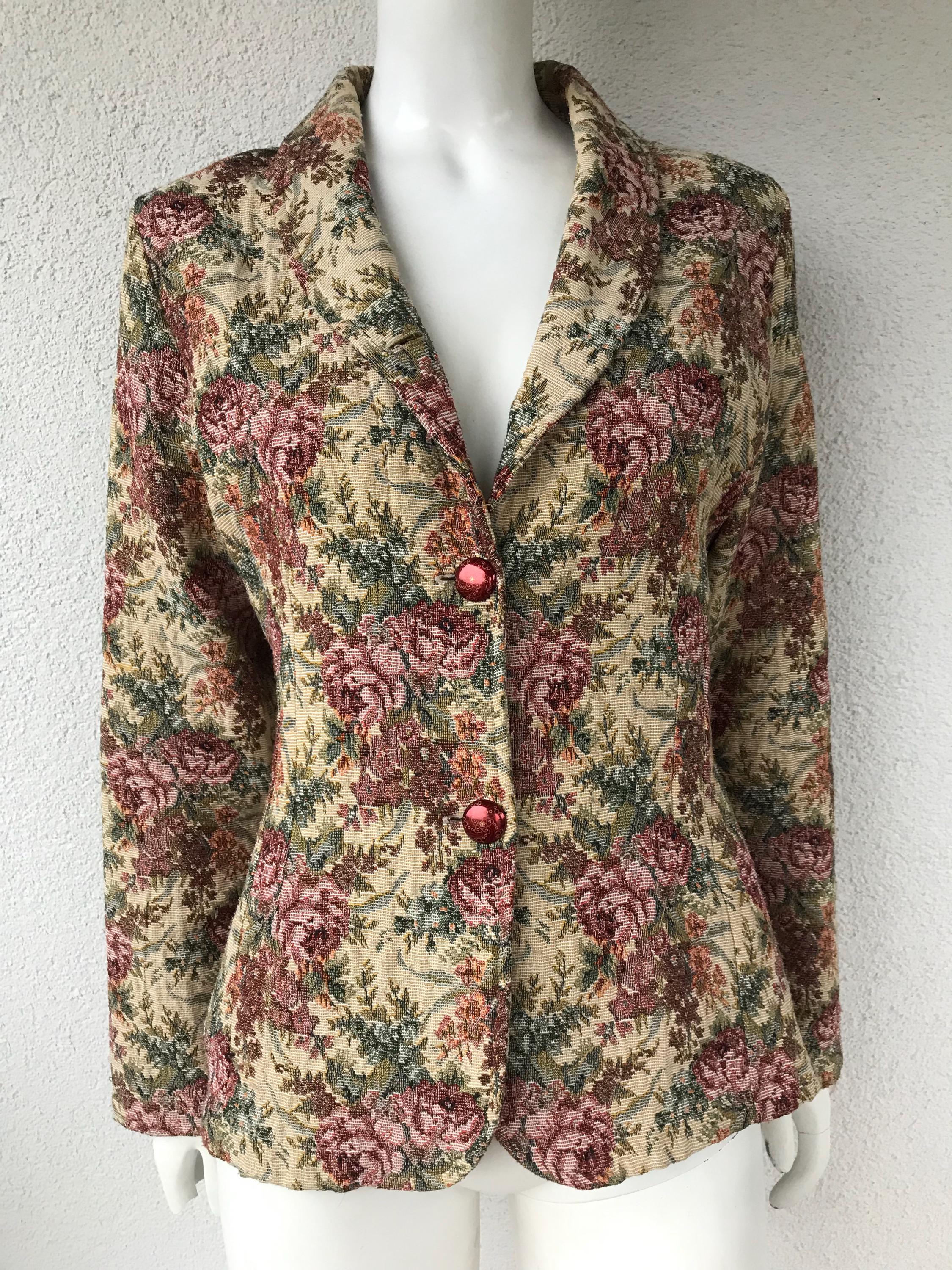 Vintage 90s Women's Gobelin Tapestry Fabric Jacket Blazer Beige