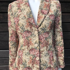 Vintage 90s Women’s Gobelin Tapestry Fabric Jacket Blazer Beige Burgundy Paisley Floral Print Jacket Romantic Carpet Blazer Size Medium