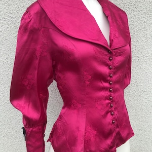 Vintage 80s Pink Satin Ornate Print Blouse Peplum Waist Blouse with Puff Sleeves Unique Victorian Style Large Collar Button Down Blouse  S/M