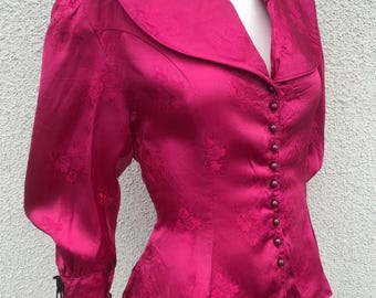 Vintage 80s Pink Satin Ornate Print Blouse Peplum Waist Blouse with Puff Sleeves Unique Victorian Style Large Collar Button Down Blouse  S/M