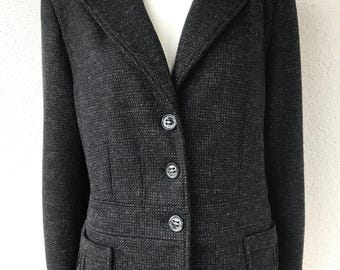 Vintage Luisa Cerano Classic Dark Gray Wool Blazer for Women Fitted Jacket Unlined Textured Wool Blazer Short Wool Blazer Coat Size XL EU 42