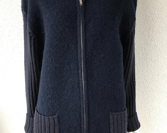 Vintage 90s Wool Cardigan Boiled Wool Jacket With Knitted Sleeves Navy Blue Zip Up Sweater Wool Cardigan With Pockets Size Large