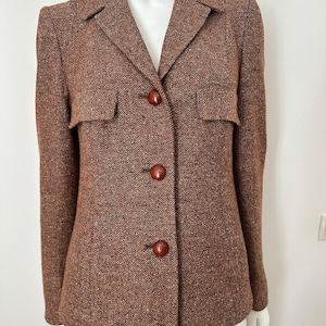 Vintage 80er Eleganz Paris Wollmischung Jacke Langarm Herringbone Muster Knöpfe Blazer Rost Braun Tweed Blazer Maßgeschneiderte Damen Jacke S
