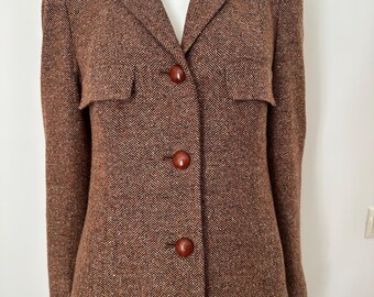 Giacca da donna in misto lana stile anni '80, elegante e raffinata, con maniche lunghe, motivo a spina di pesce e bottoni, blazer in tweed marrone ruggine, giacca sartoriale da donna taglia S.
