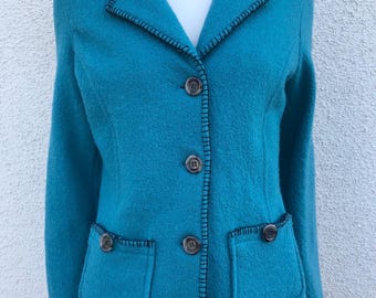 Vintage Turquoise Wool Blazer for Women Felted Fitted Wool Blazer Unlined Lana Wool Blazer Collared Short Wool Coat Warm Wool Jacket Medium