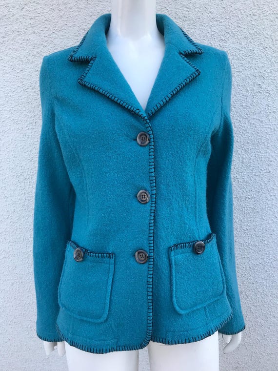 Vintage Turquoise Wool Blazer for Women Felted Fitted Wool Blazer