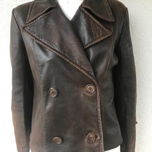 Chaqueta corta de cuero vintage de los años 90 para mujer, color marrón, de piel de cordero auténtica y suave, con cuello de solapa, estilo western, talla mediana.