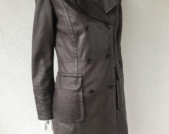 Vintage 80s Genuine Leather Brown Long Trench Coat For Women Stylish Very Soft Real Leather Double Breasted Trench Coat Leather Jacket Small